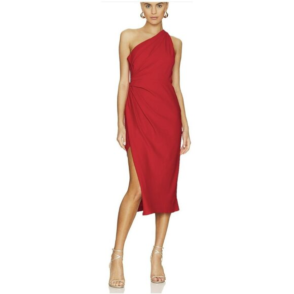 Revolve Line and Dot One Shoulder Red Holiday Ruched Midi Dress Size Small - Picture 1 of 7